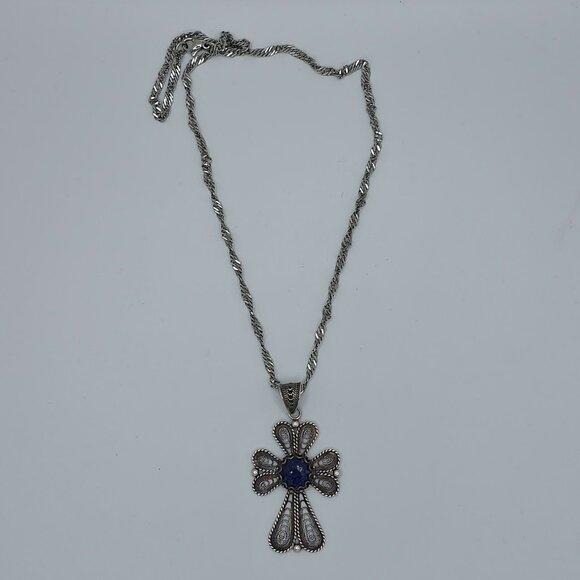 Vintage Sterling Silver Lapis Lazuli DGS 925 Turkey Filigree Cross Necklace - Picture 4 of 7